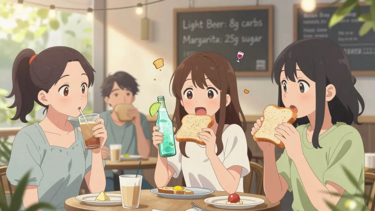 Friends enjoying drinks and snacks at a café, one holding a low-carb seltzer and toast.