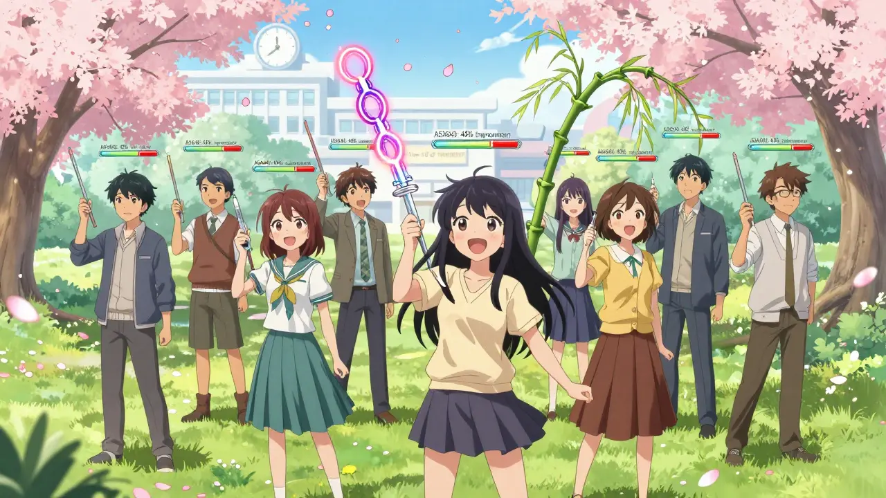 Group of young adults in a park shattering TNF chains with injection pens, bamboo spine turning into willow branch.