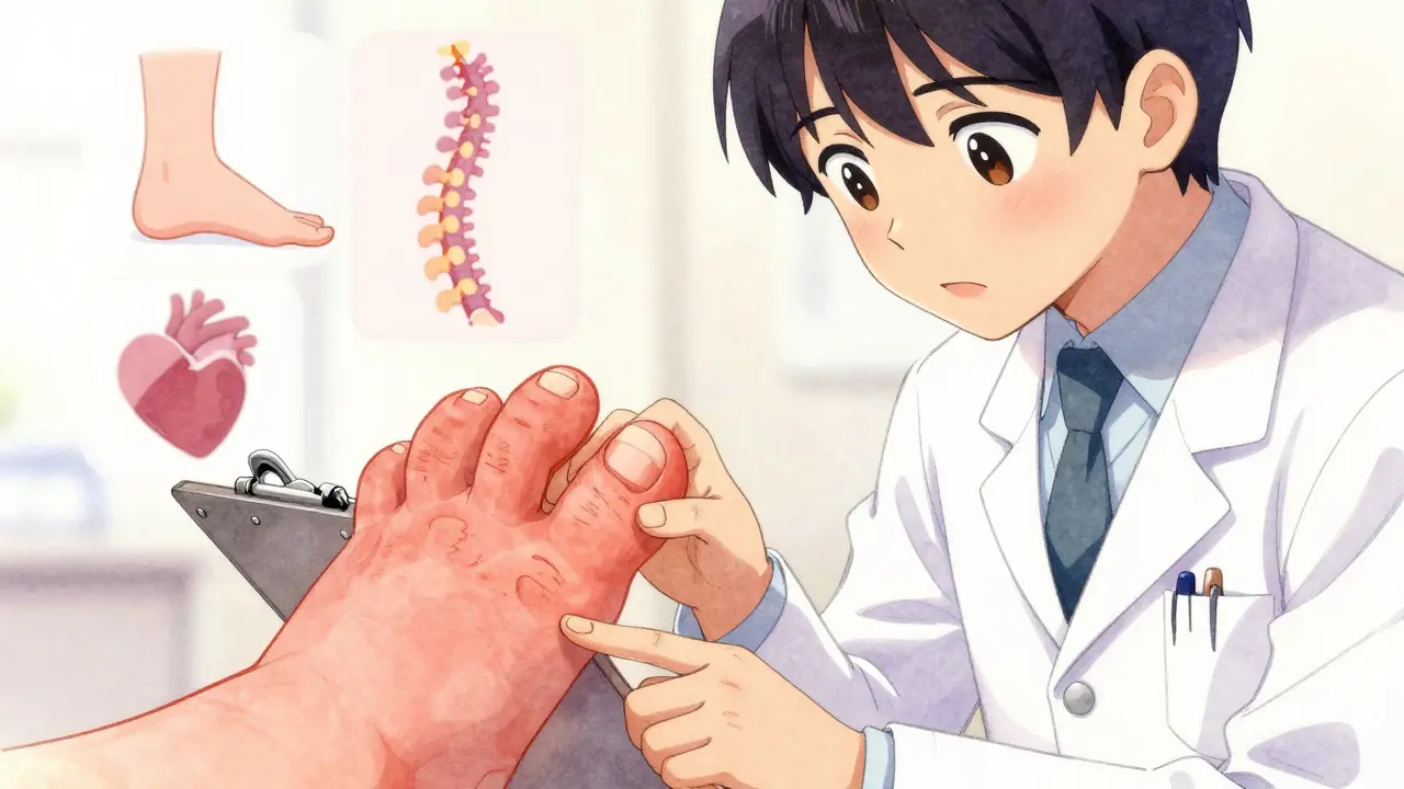 Hand with swollen sausage-like fingers and pitted nails, being examined by a doctor.