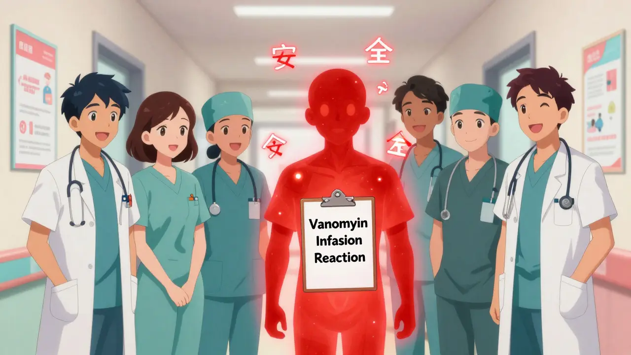 Medical team smiling beside patient with glowing 'Vancomycin Infusion Reaction' label.