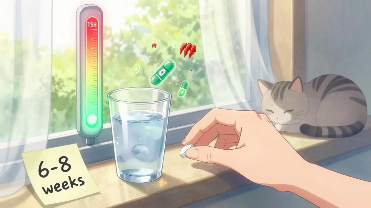 Morning pill routine with glowing TSH meter and dissolving antibodies, soft light and cat nearby.