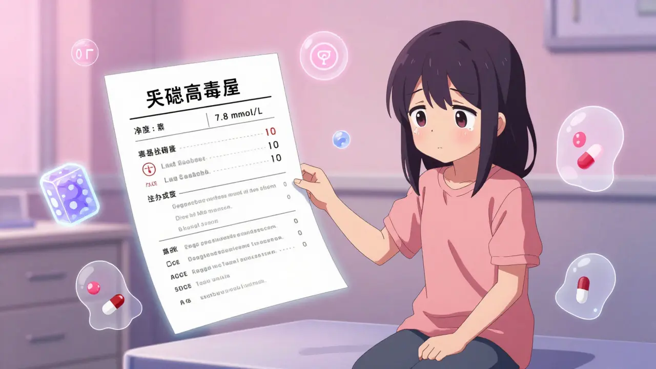 Patient holding blood test showing high potassium levels with medical warning icons.