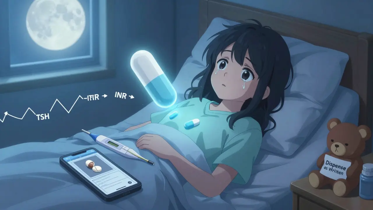 Patient in bed with ghostly pills floating above, blood test and photo of old pill nearby.