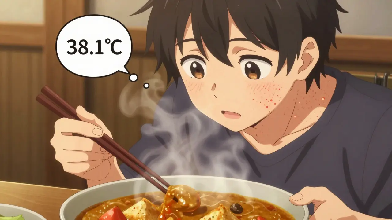 Person noticing hives forming after eating spicy curry, with heat energy glowing softly around their neck.