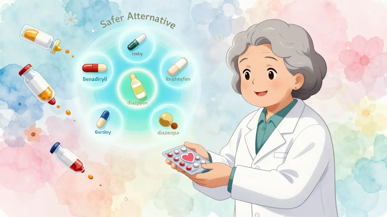 Pharmacist gives senior a labeled pill pack with glowing safe alternatives floating nearby.