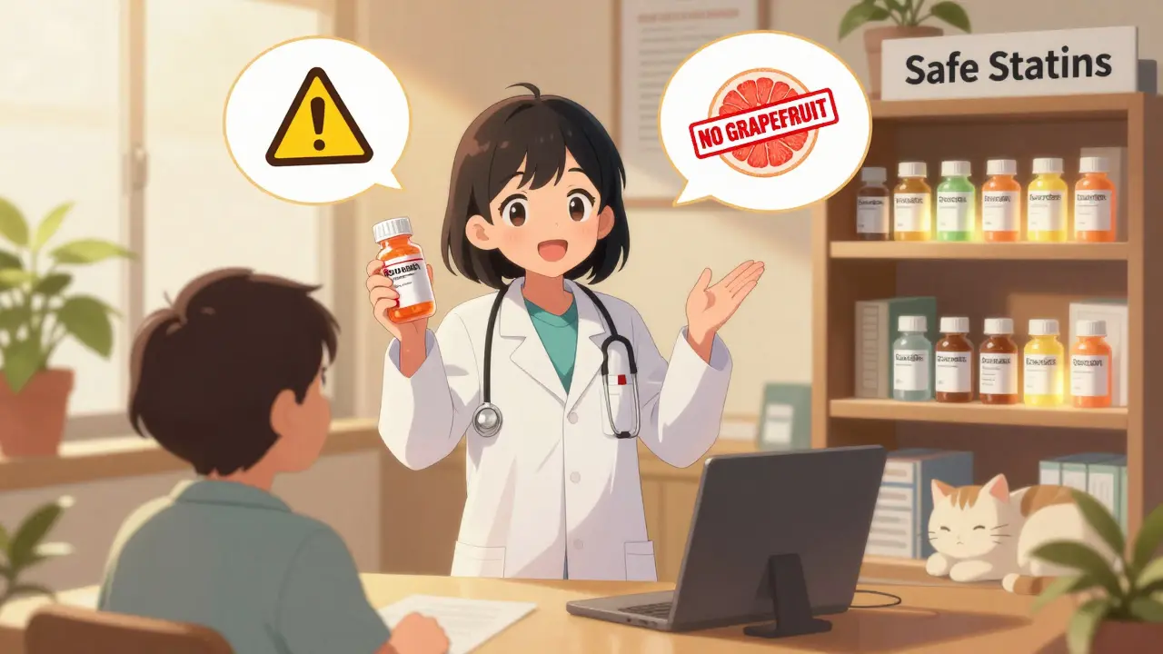 Pharmacist guiding patient to safe statins, grapefruit marked with red NO stamp in clinic.