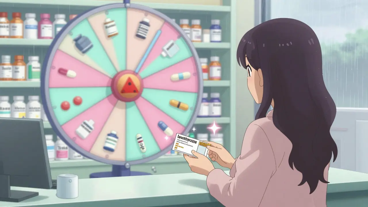 Pharmacist handing a prescription while a wall of generic drug bottles spins behind.