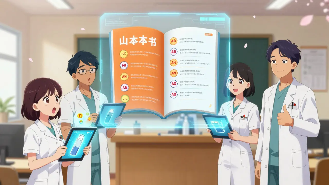 Pharmacy interns study a holographic Orange Book with animated therapeutic equivalence codes.