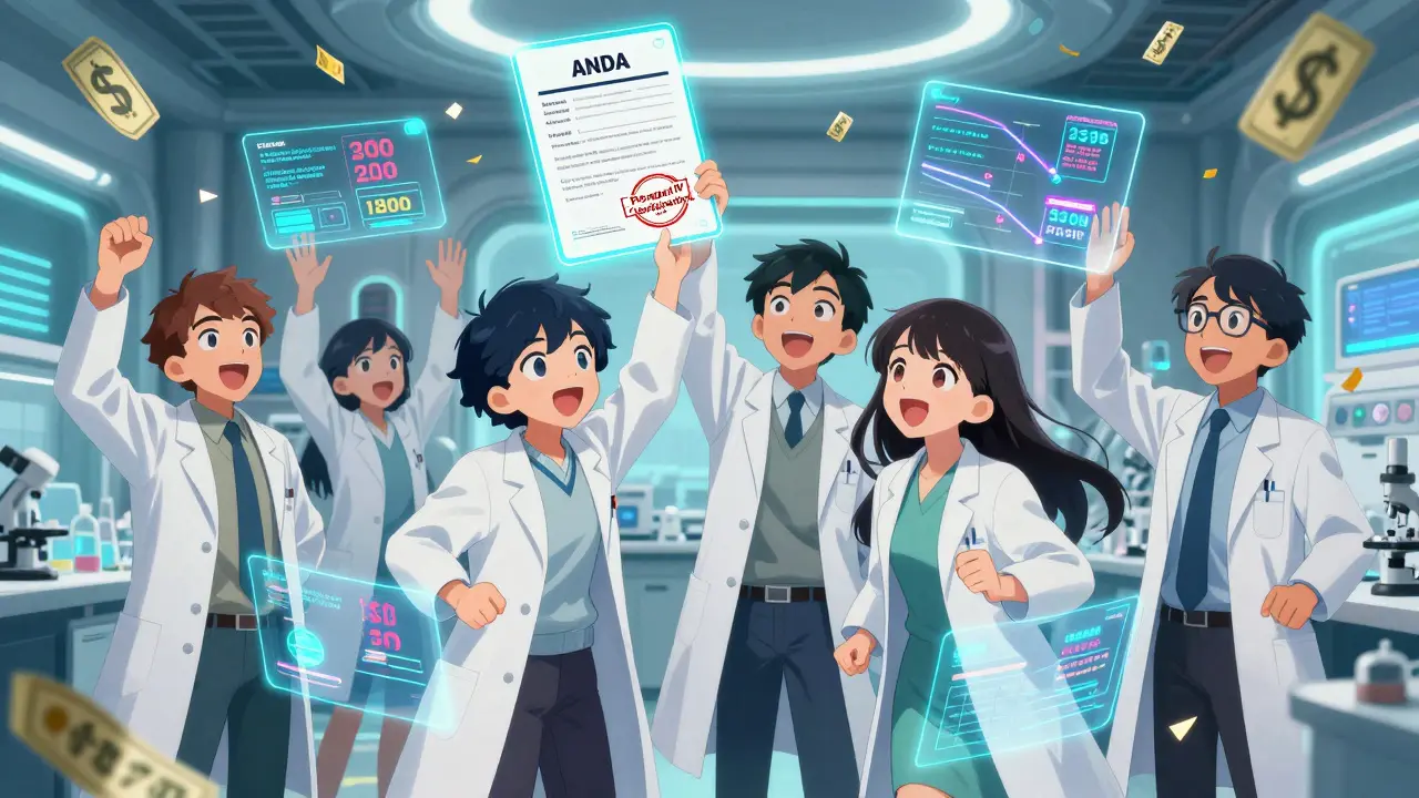 Scientists celebrating a generic drug approval with holographic data charts