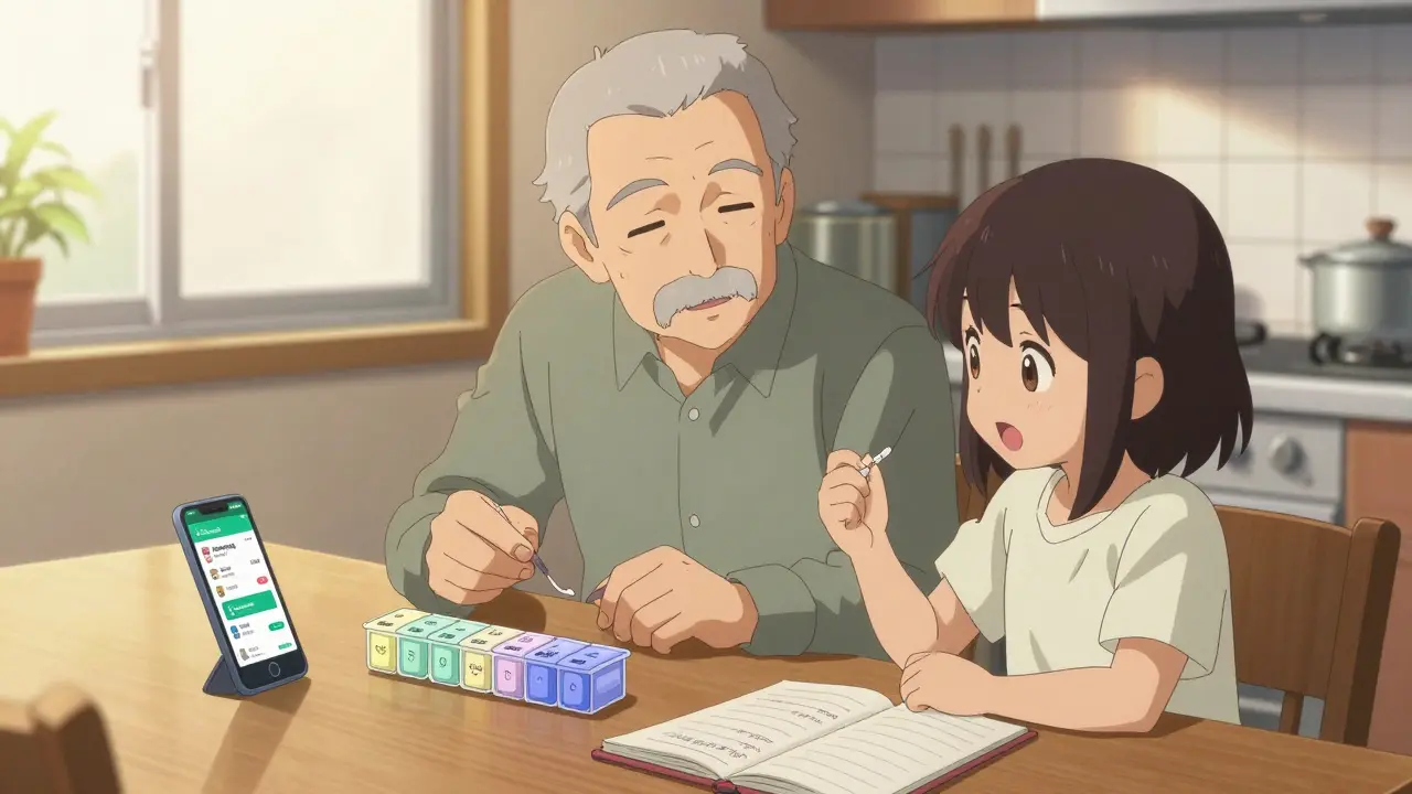 Senior man and granddaughter organizing medications at kitchen table with app and notebook.