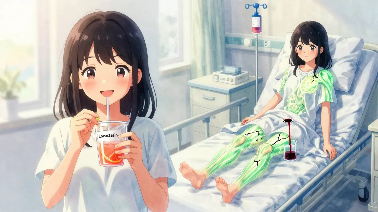 Split scene: girl drinking grapefruit juice vs. hospitalized with muscle damage from statin interaction.