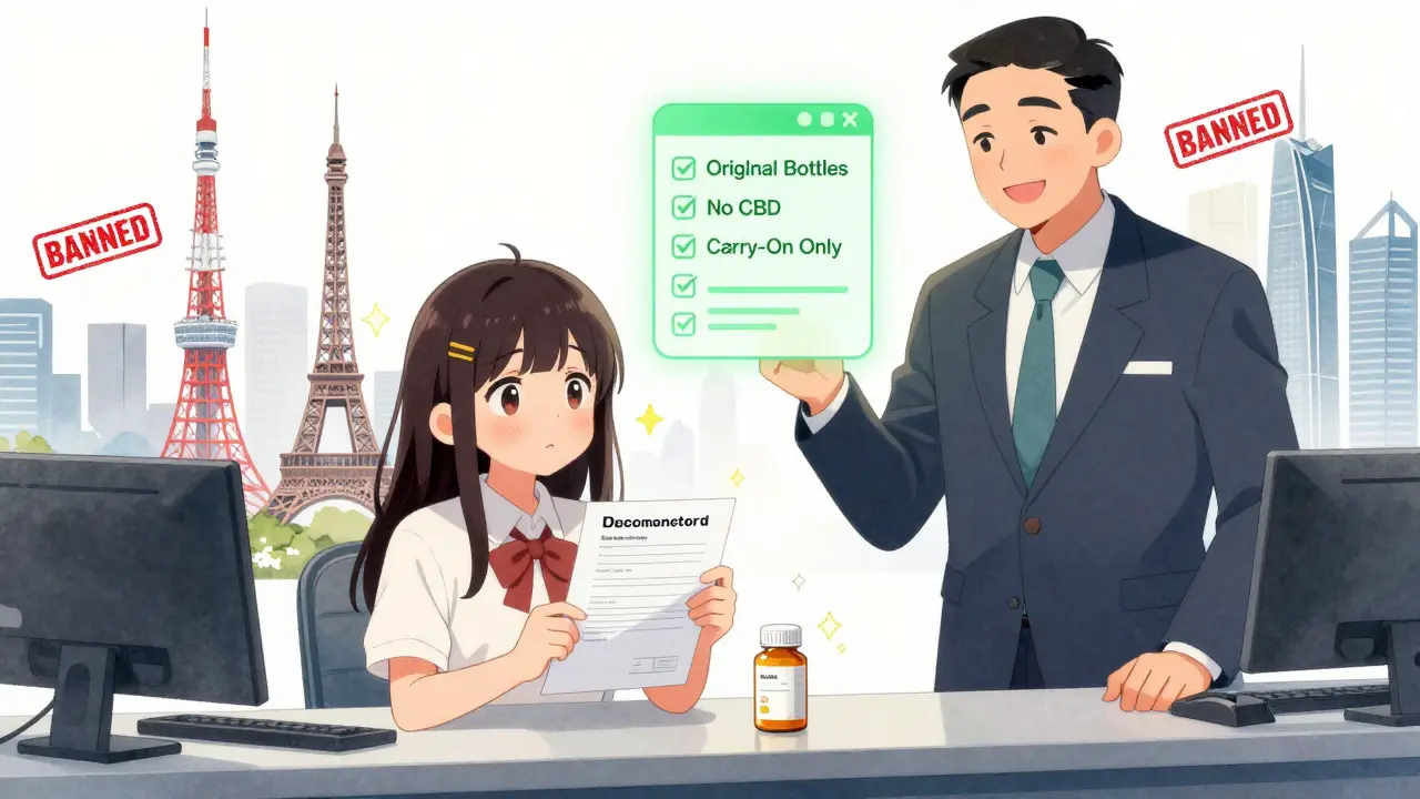 Student receiving approval at an embassy counter with glowing checklist and global landmarks in background.