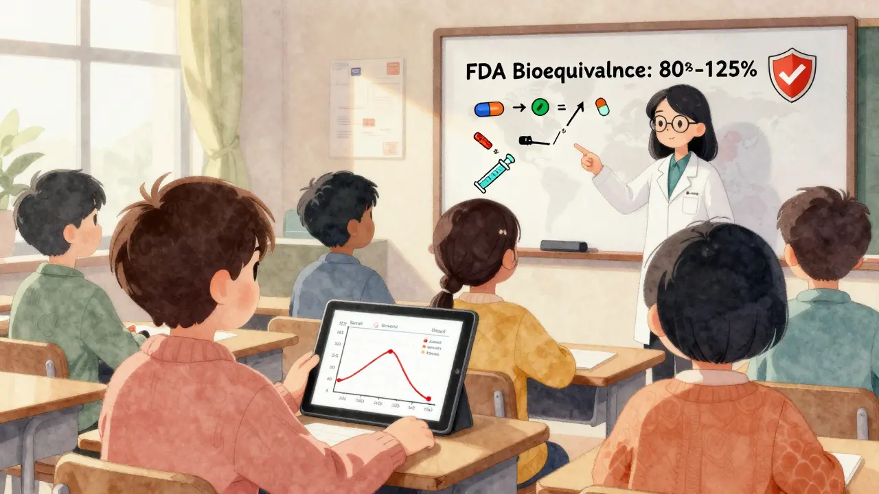 Students learning about bioequivalence in a classroom with a teacher pointing to a chart of drug levels.