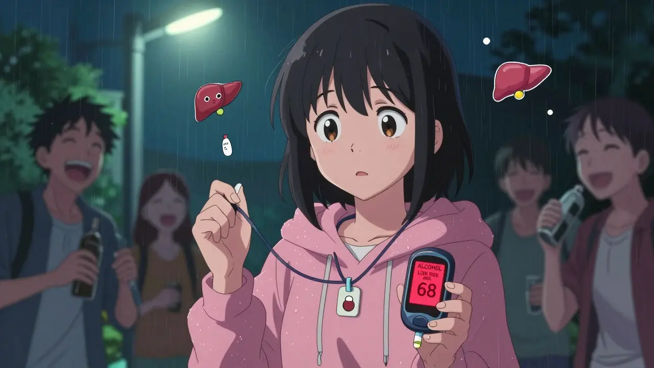 Teen holding glucose tablets and medical ID necklace under streetlight, CGM showing low blood sugar.