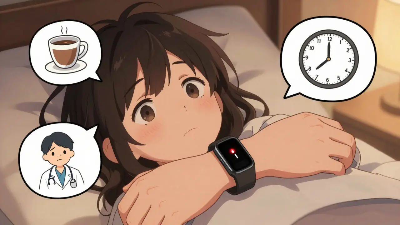 Teenager looking at her fitness tracker with worried eyes, surrounded by anime-style thought bubbles of caffeine and sleep disruption.