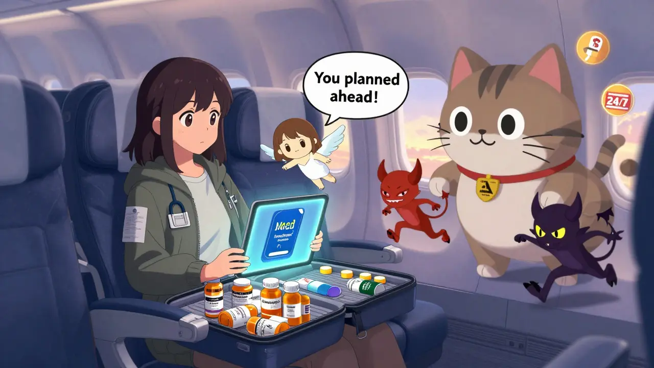 Traveler on plane with labeled meds, MedPassport app, and doctor’s note, safe from last-minute panic.