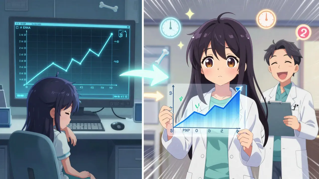 Two versions of a girl comparing slow DXA scan progress to fast bone marker results with glowing graphs and clock icons.