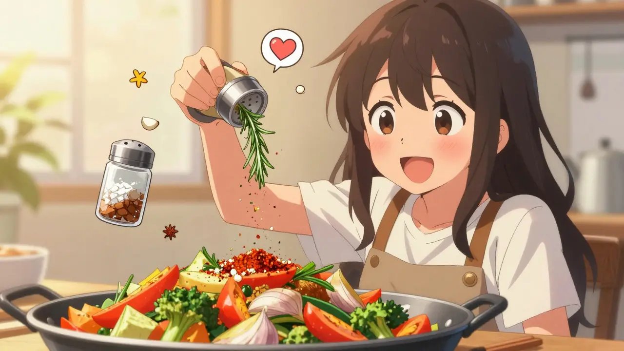 Woman cooking with herbs instead of salt substitute, safe and cheerful scene.