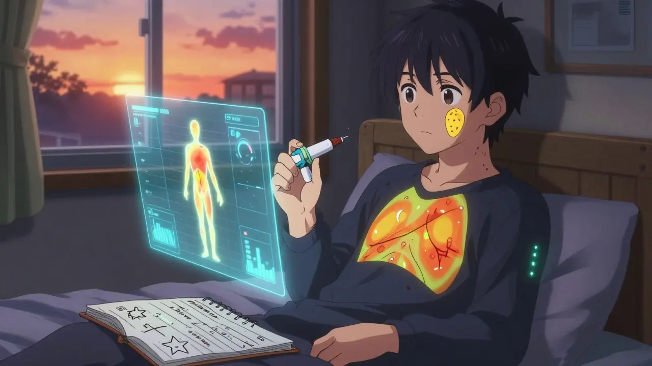 Young adult wearing smart clothing with temperature sensors, holding an epinephrine injector in a quiet bedroom at night.