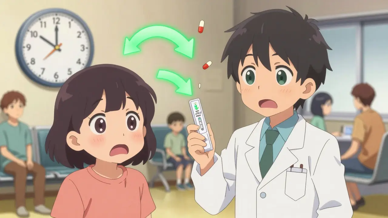 A doctor holding a flu test while a patient looks anxious, with medication icons and a ticking clock.