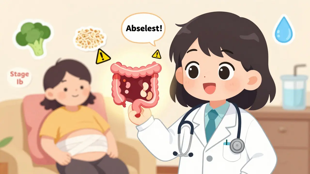 A doctor showing a glowing CT scan of inflamed colon pouches, with dietary icons floating around.