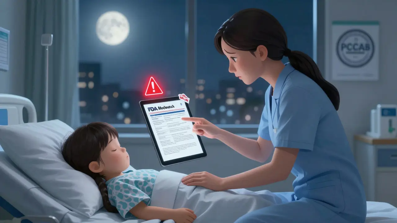 A parent kneels beside a sleeping child, pointing to an FDA MedWatch report on a tablet with a 'Emily’s Law' sticker visible.