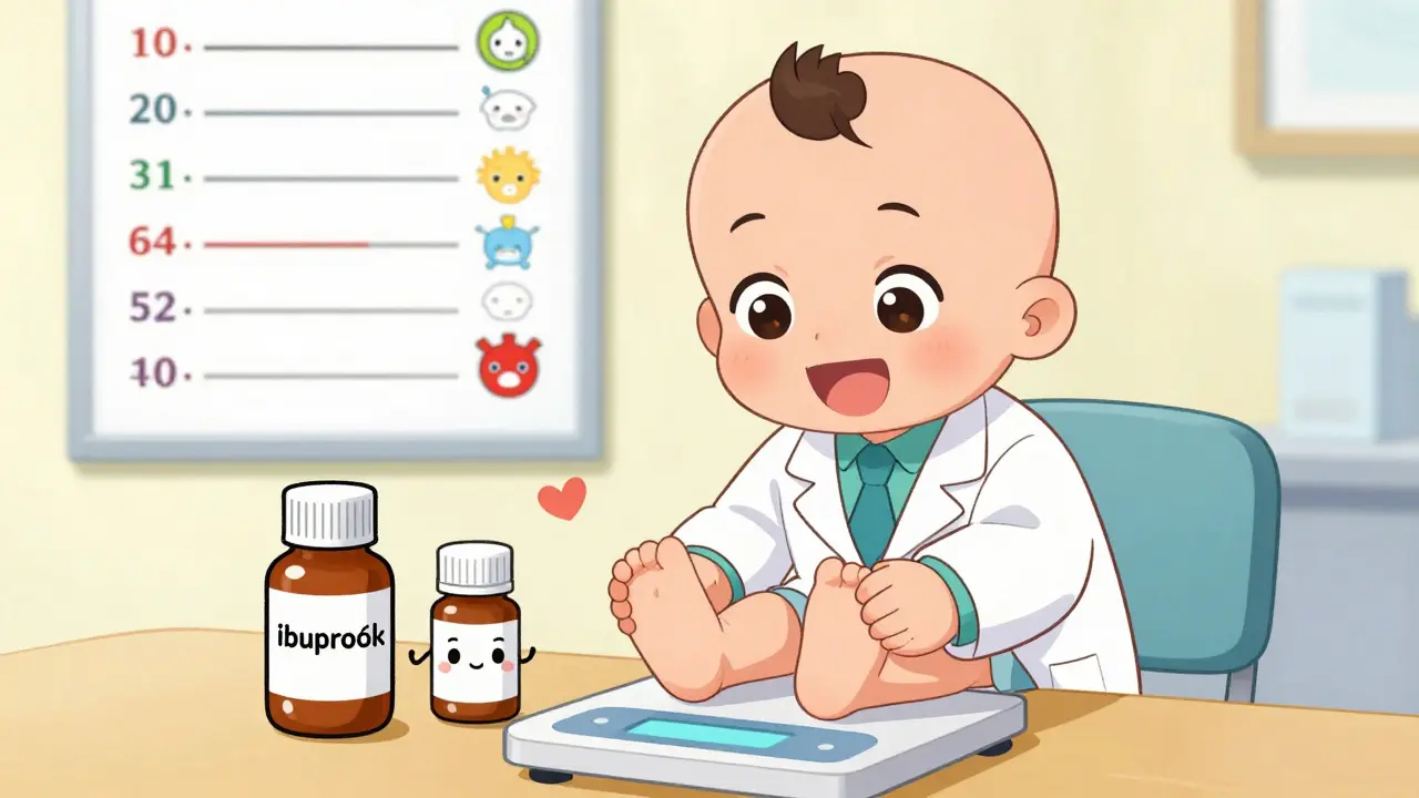 A pediatrician weighs a baby on a digital scale while two medicine bottles float nearby with dosing charts.