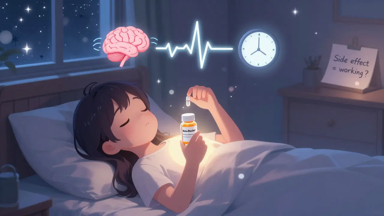 A person sleeps peacefully at night, with gentle symbols showing their medication is working as intended.
