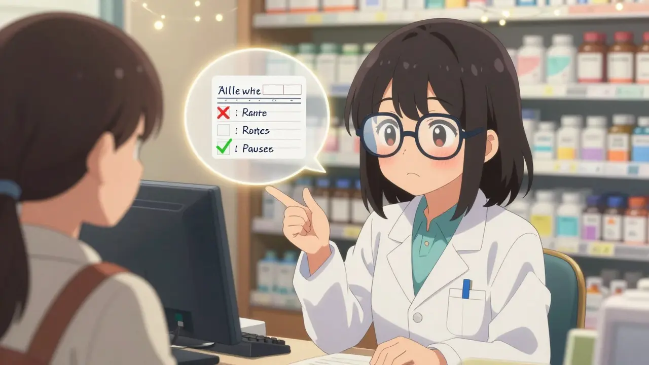 A pharmacist helps a patient use a phone interpreter, with corrected label text glowing green.