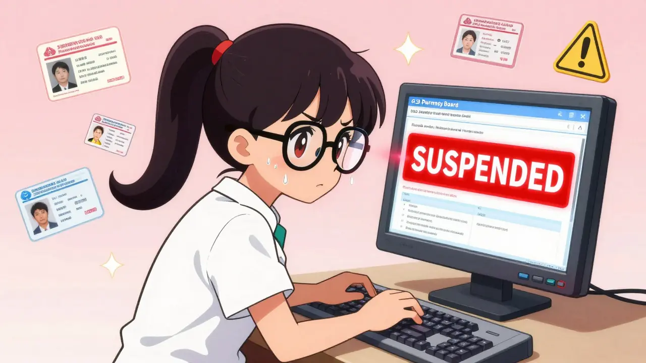 A pharmacy technician staring at a suspended license alert on her screen, surrounded by warning icons.