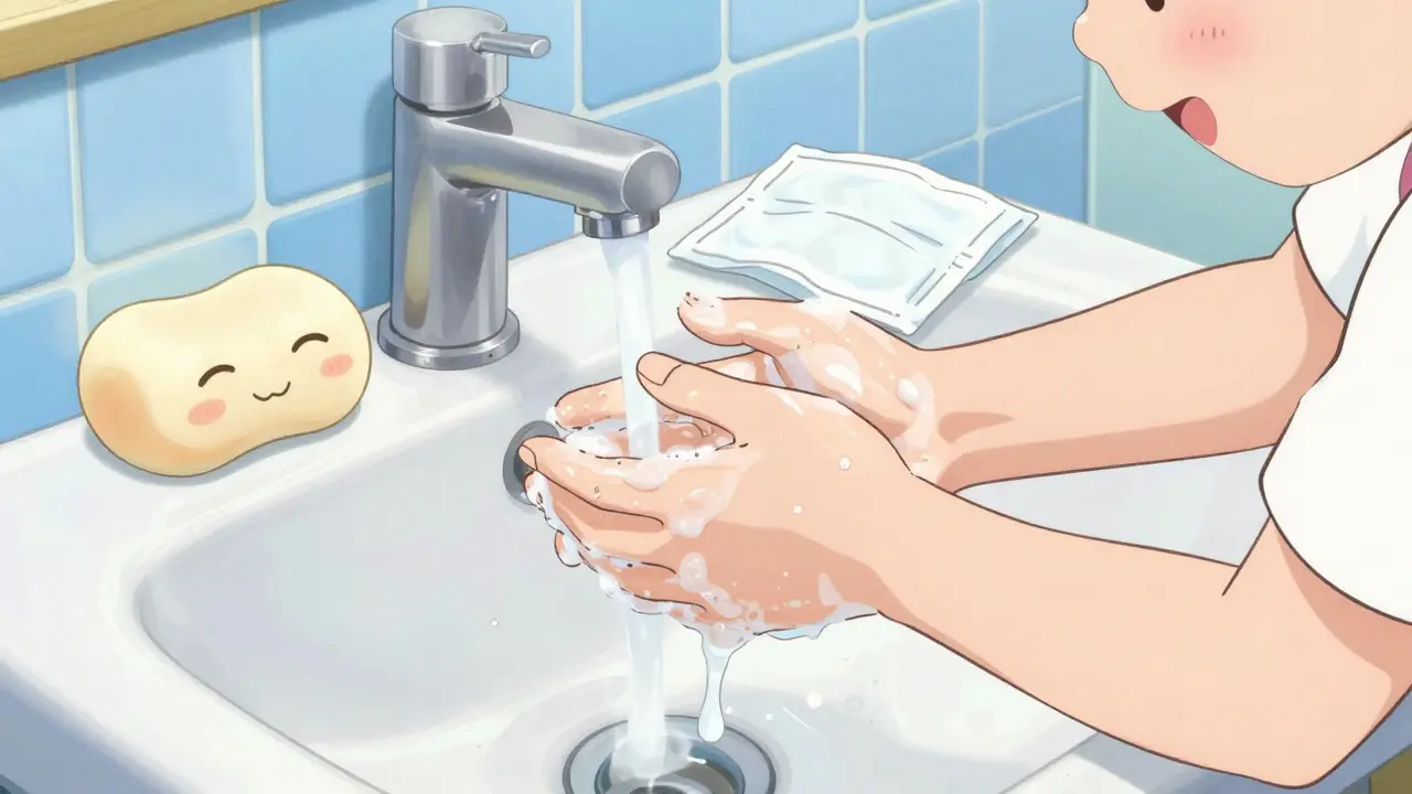 Character washing hands with soap bar in clean bathroom