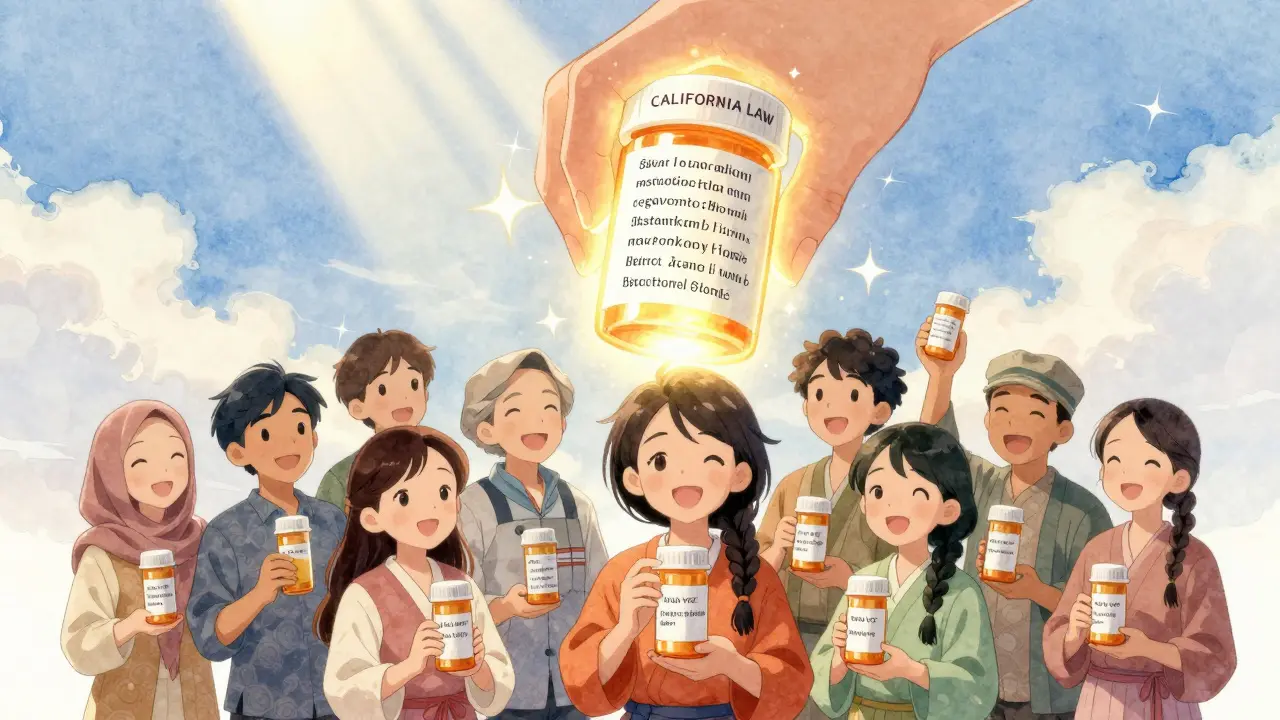 Diverse patients hold mistranslated pills as a law hand erases errors and replaces them with clear instructions.