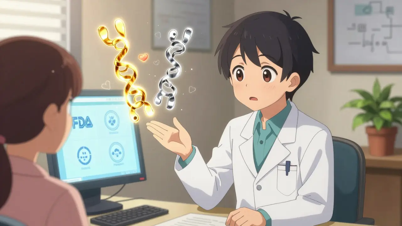 Doctor explaining biosimilars to a patient with glowing protein chains and soft lab lighting.