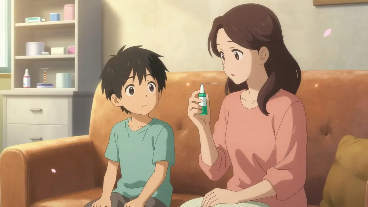 Mother and son together at home, looking at naloxone spray with calm curiosity