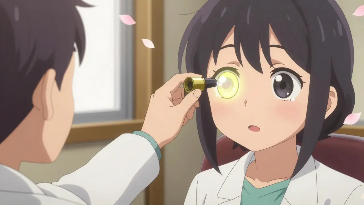 Optometrist checking eye pressure with glowing signs of rising intraocular pressure in patient’s eye.