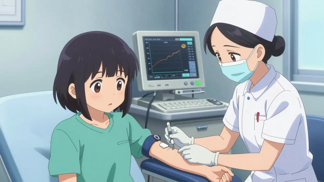 Patient receiving blood draw from nurse in clinic