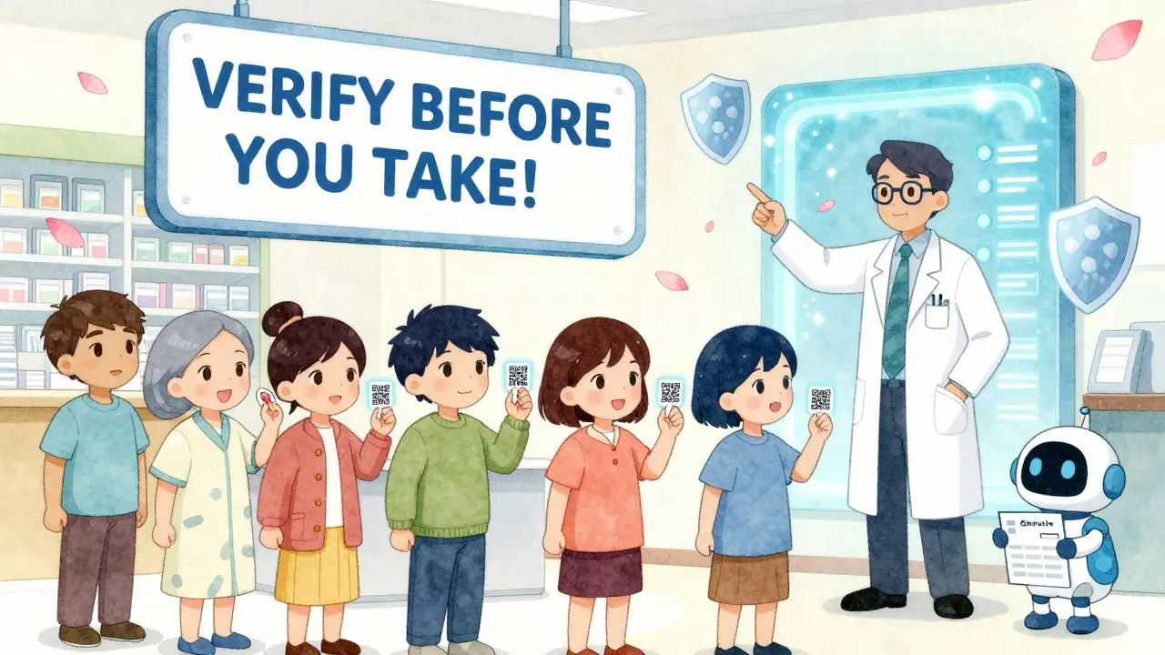 Patients scanning QR codes in a pharmacy, with a heroic pharmacist pointing to a verification portal.