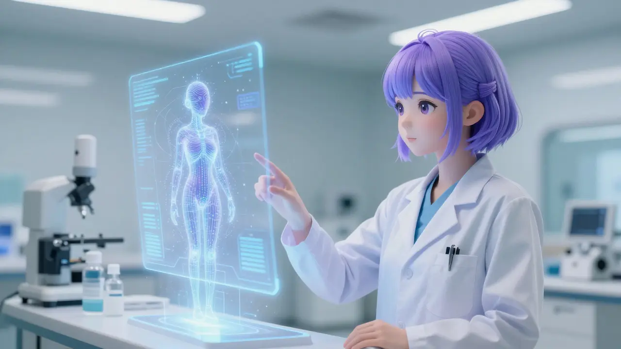 Pharmacist using holographic AI assistant for medication safety in hospital