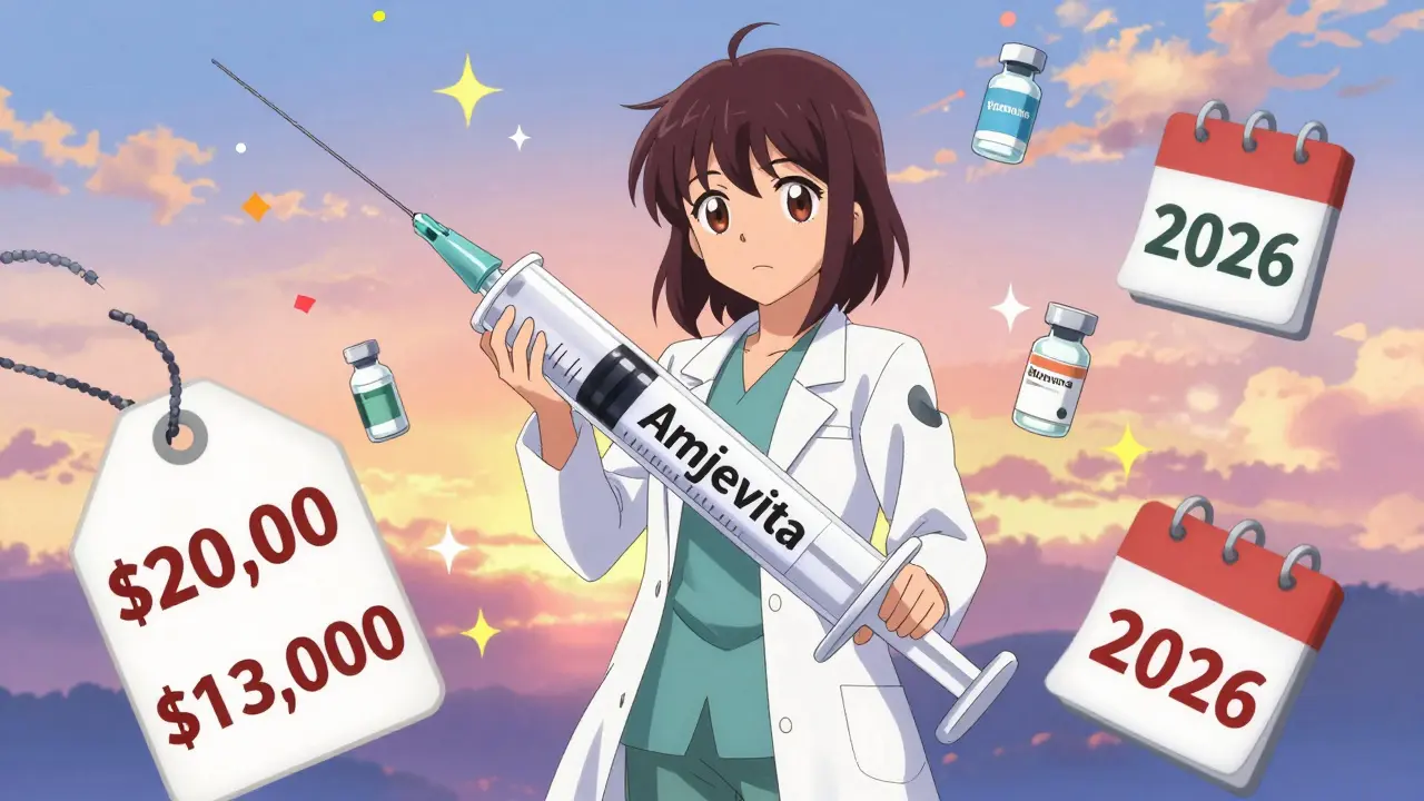 Scientist holding a biosimilar syringe as price tag drops, surrounded by medical icons in bright anime style.