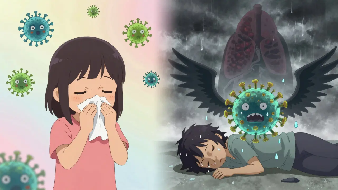 Split scene: cute cold symptoms vs dramatic flu symptoms with looming pneumonia shadow.