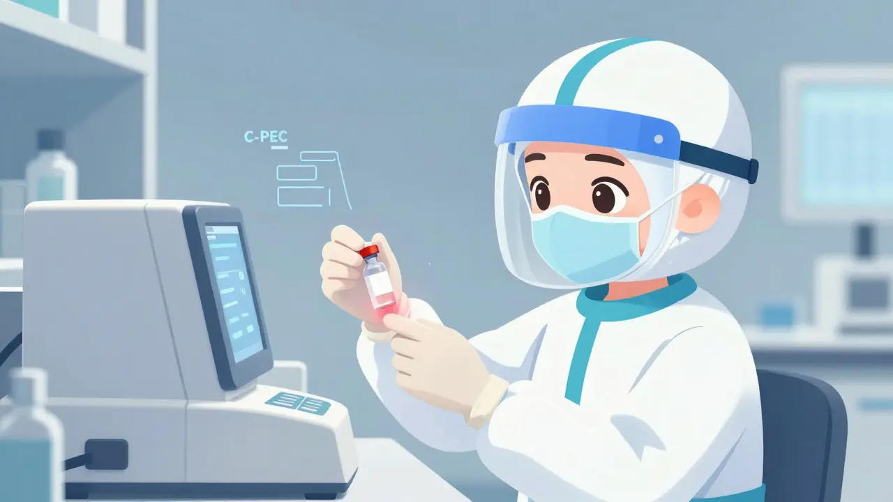 Technician handling hazardous drug vial in containment room with protective gear