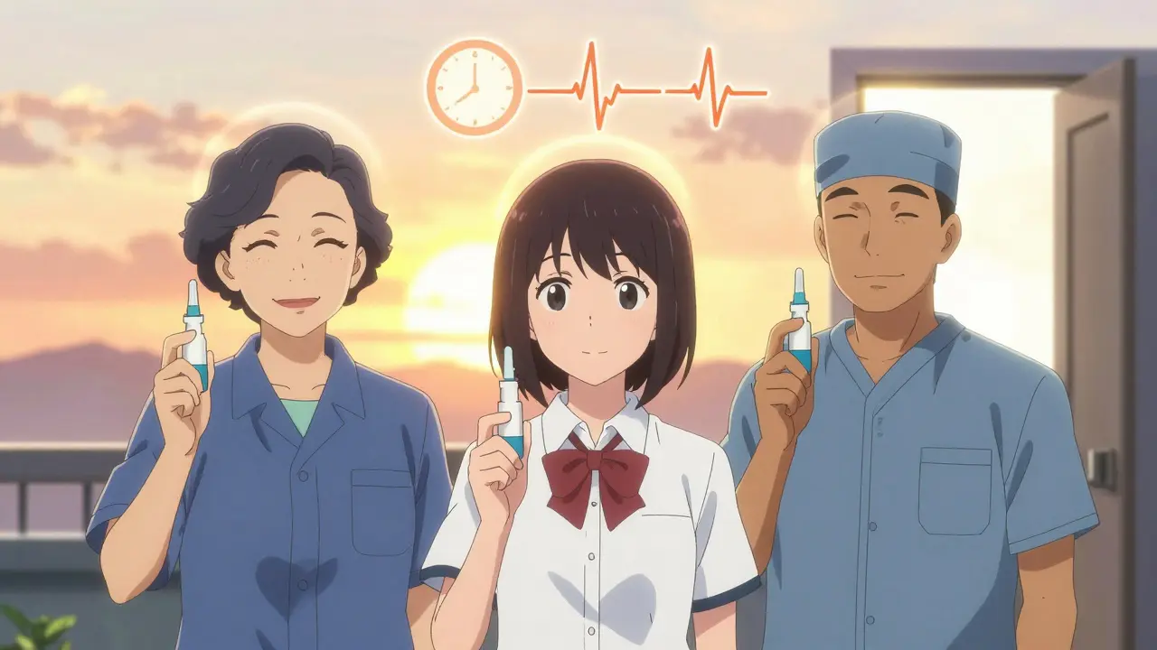 Three diverse individuals holding naloxone sprays under a sunrise, symbolizing hope