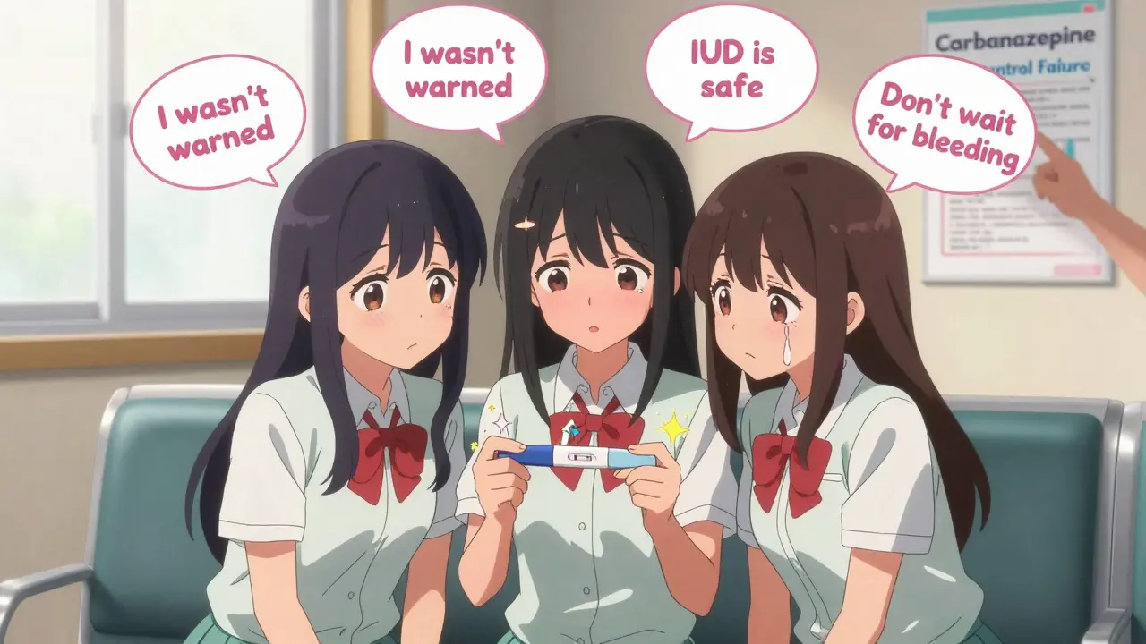Three girls in a clinic, one holding a positive pregnancy test, another an IUD, with warning thought bubbles.