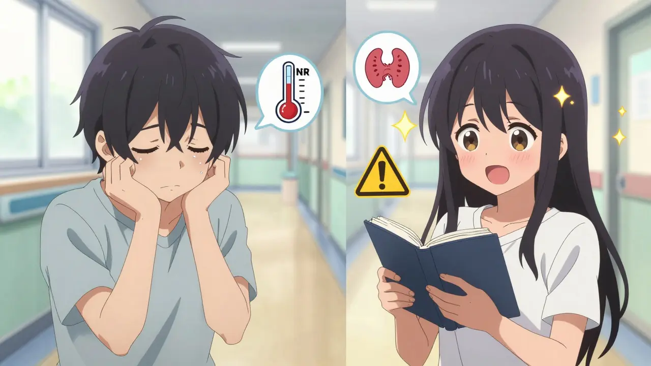 A before-and-after scene of a person recovering after using a medication journal to identify a problematic generic.