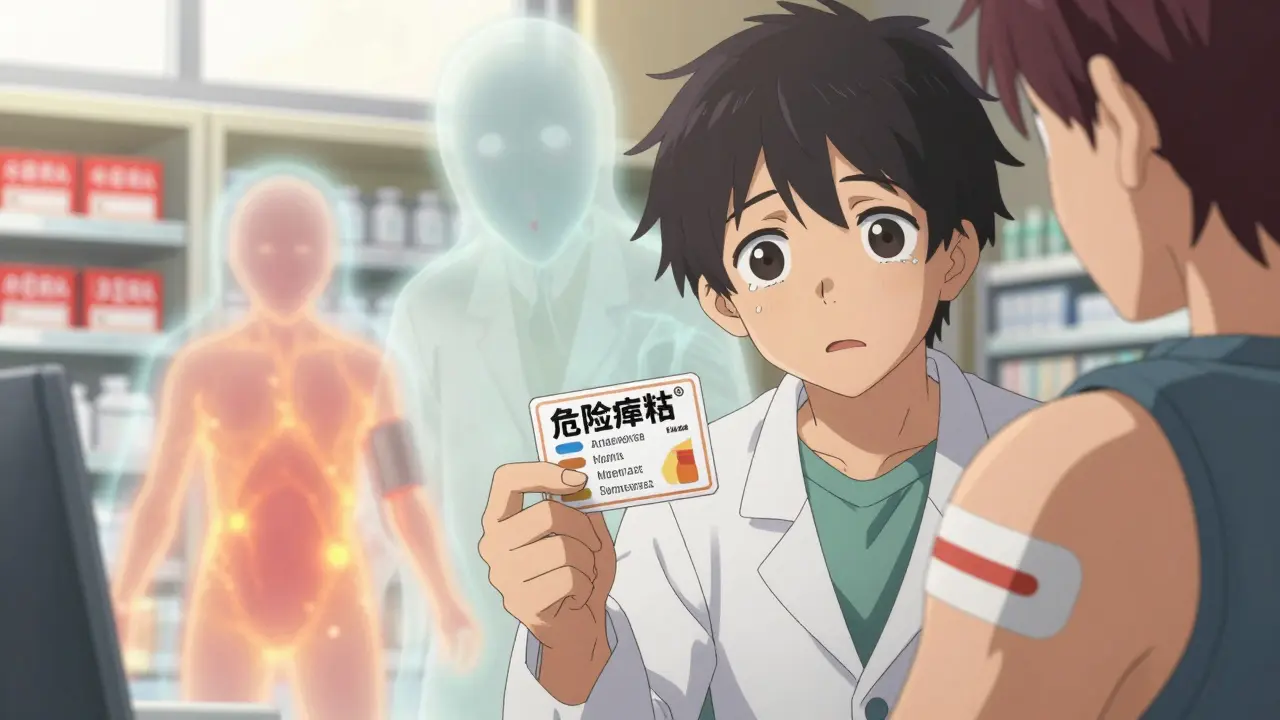 A doctor gives a patient a warning card listing dangerous drugs, with ghostly crisis figures in the background.