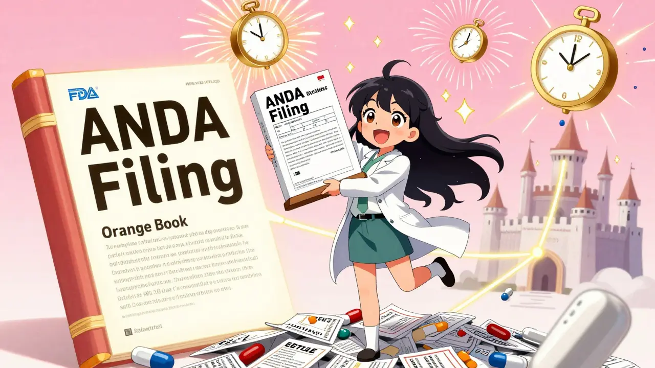 A generic drug developer celebrates filing an ANDA with fireworks shaped like exclusivity clocks.