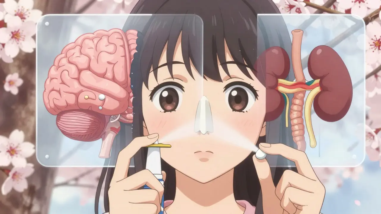 A girl uses a nasal spray while holding a fexofenadine tablet, with translucent diagrams showing how the drug avoids the brain and exits the body safely.