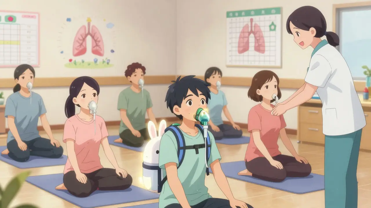 A group of patients smile during a gentle pulmonary rehab session, using lightweight oxygen backpacks in a bright, welcoming center.