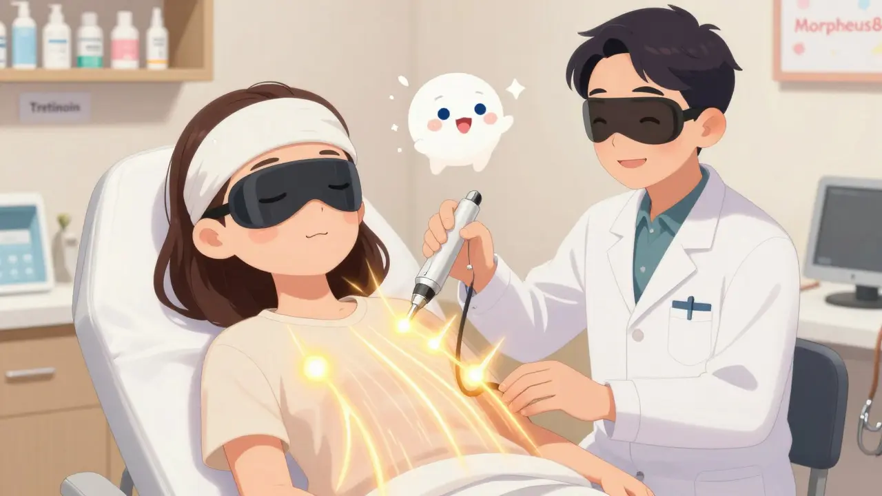 A patient receives RF microneedling treatment in a cozy clinic, glowing needles and a collagen sprite beside her, labeled skincare products on the shelf.