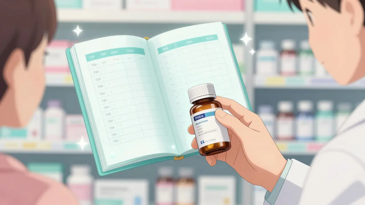 A pharmacist handing a patient a generic medication bottle with visible lot and manufacturer labels.